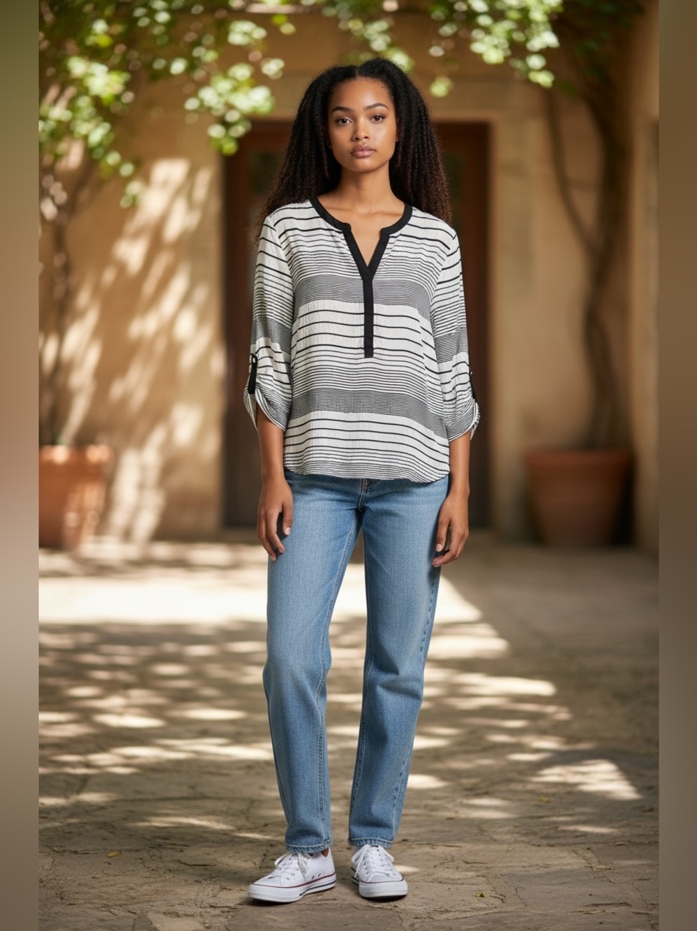 Anthropologie Sanctuary Rayon Blend Striped Stretch Blouse Tunic Tabbed Sleeves